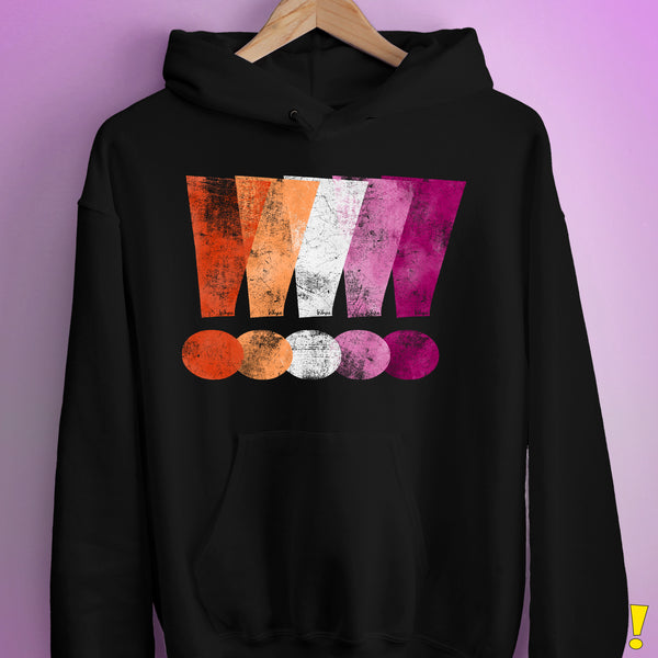 Distressed Lesbian Pride Graphic Exclamation Points Hoodie - Black